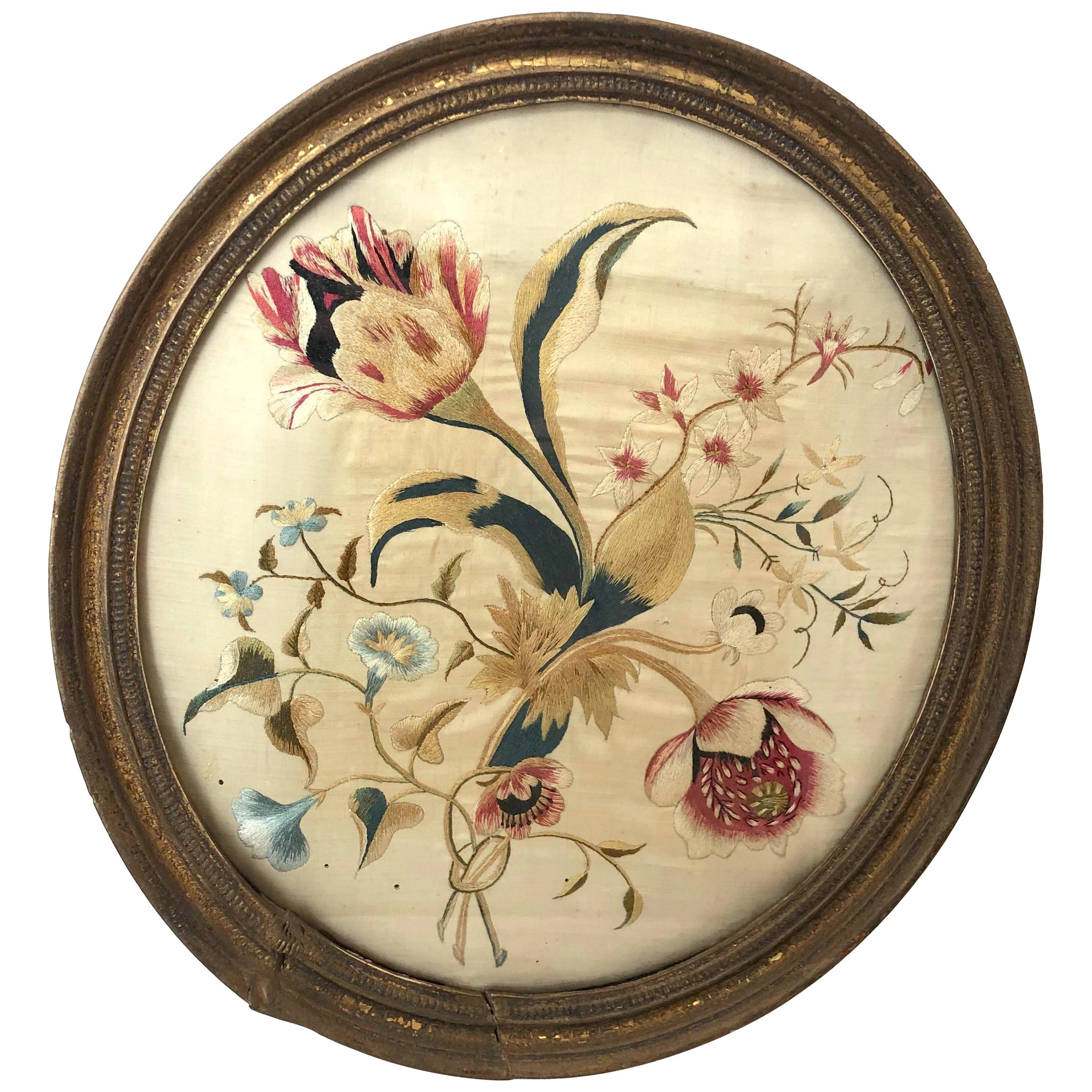 First Quarter of the 19th Century Oval Floral Embroidery For Sale