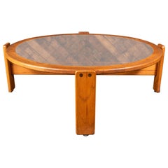 Vintage 1970s Lou Hodges Round Smoked Glass Coffee Table in Oak