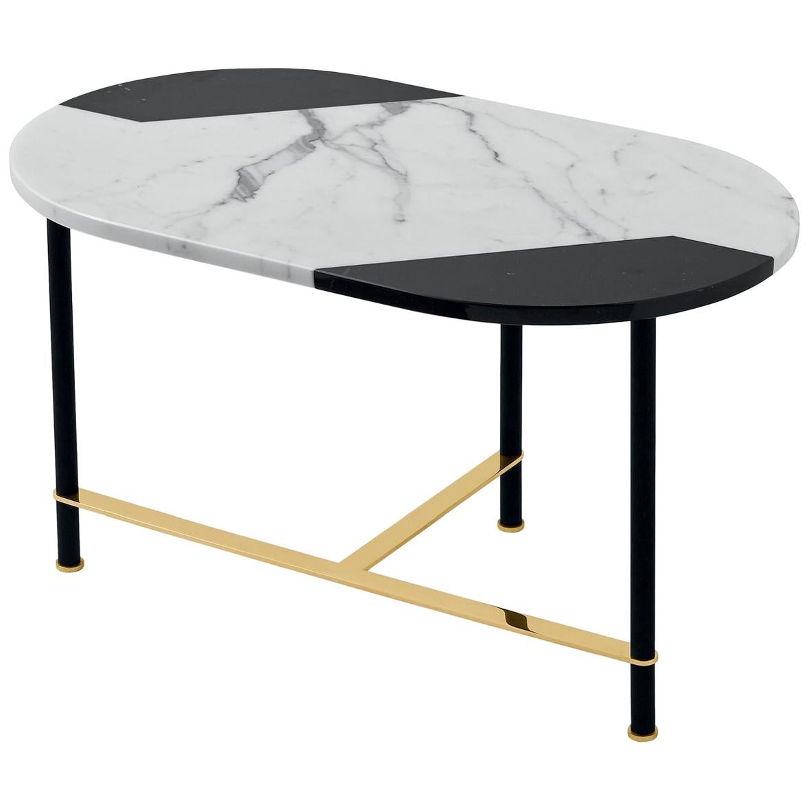 Cookies Console Table with Black and White Inlaid Marble Top and Brass Legs For Sale