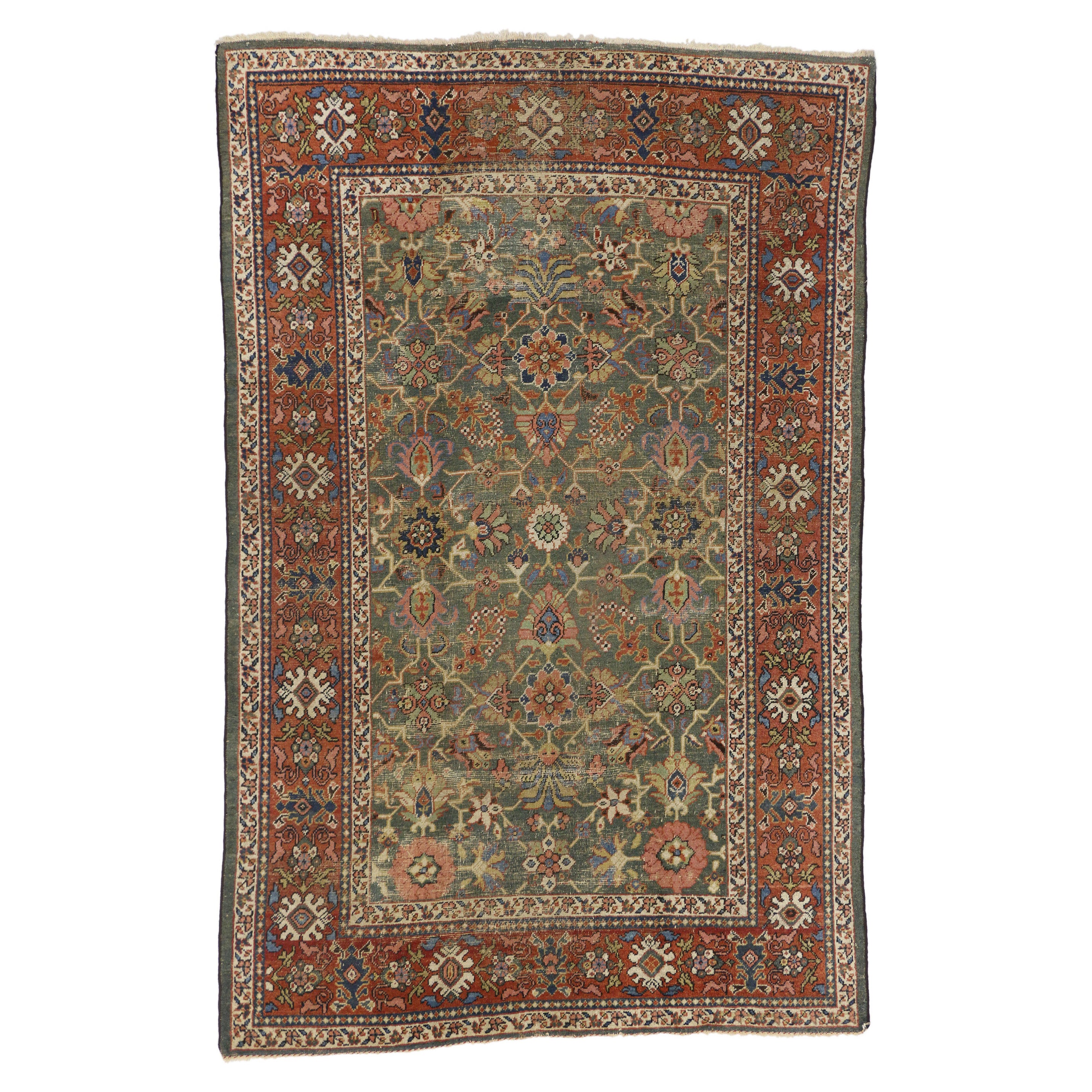 Distressed Antique Persian Sultanabad Rug with Rustic Arts and Crafts Style For Sale