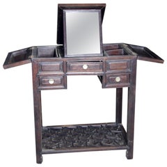 Chinese Vintage Dark Lacquered Wood Dressing Table with Mirror and Drawers