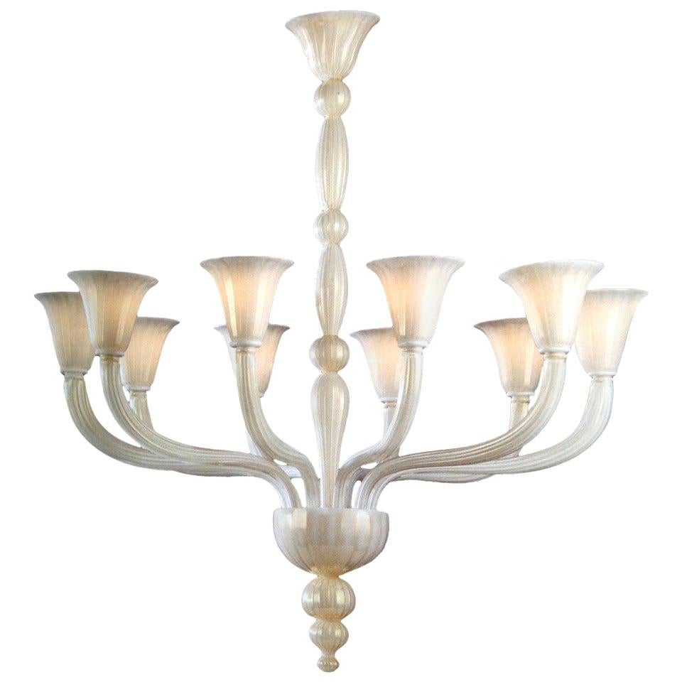 Italian Modern Neoclassical Hand Blown White and Gold Murano Glass Chandeliers For Sale