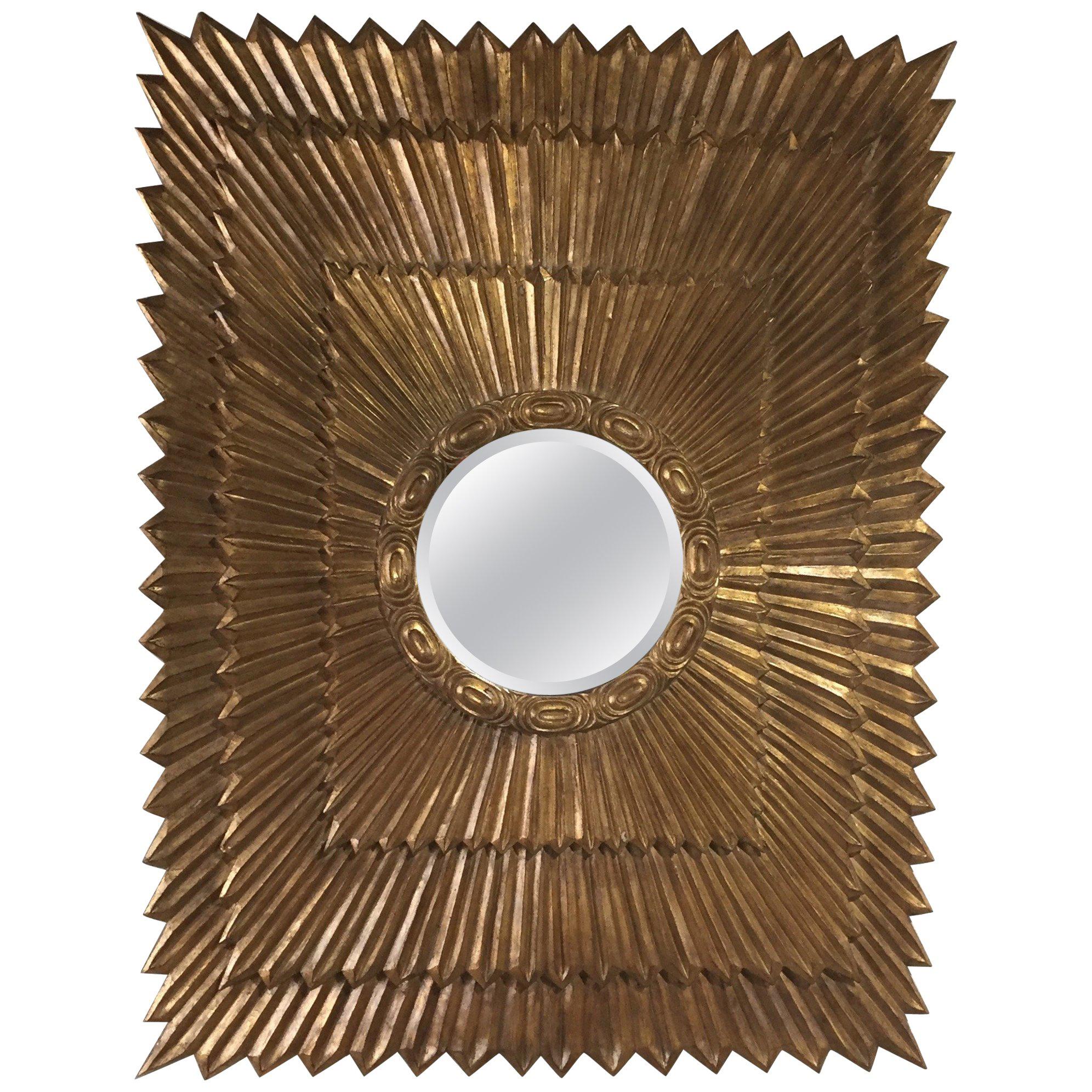Shimmering Impressively Large Rectangular Italian Giltwood Sunburst Mirror