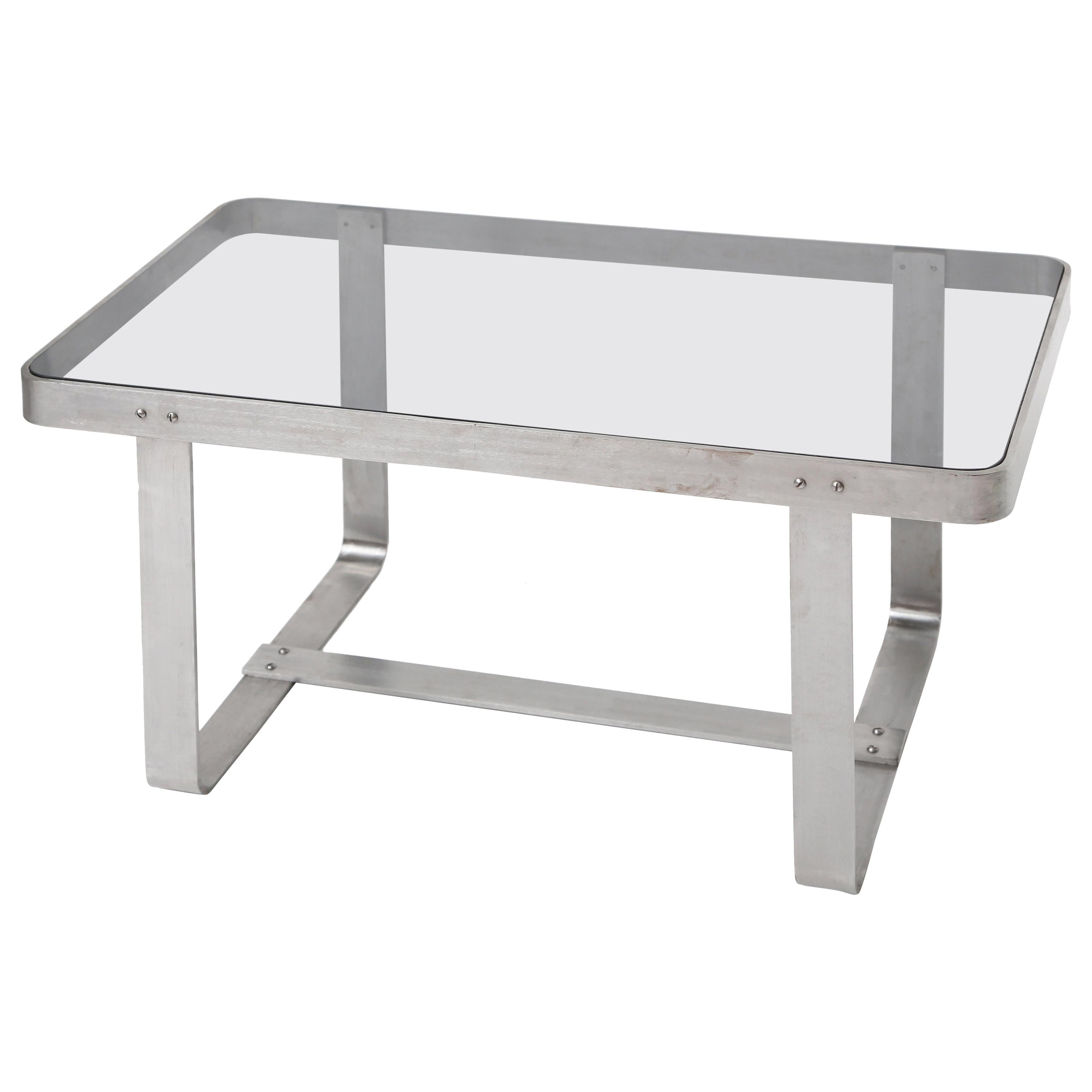 Art Deco Brushed Nickel and Smoked Glass Table For Sale