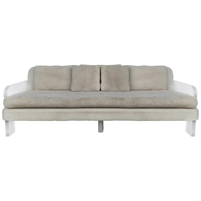 Large Ultrasuede Sofa With Lucite Arms And Support