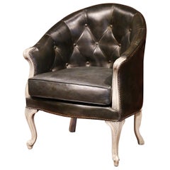 Large 19th Century French Louis XV Carved Painted Desk Armchair with Leather