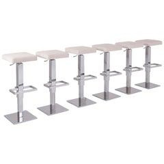 Maison Jansen Chromed Steel Adjustable Bar Stools with White Velvet Seating