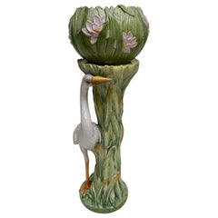 Italian Art Nouveau Majolica Pedestal and Planter with Heron, in the Style of De