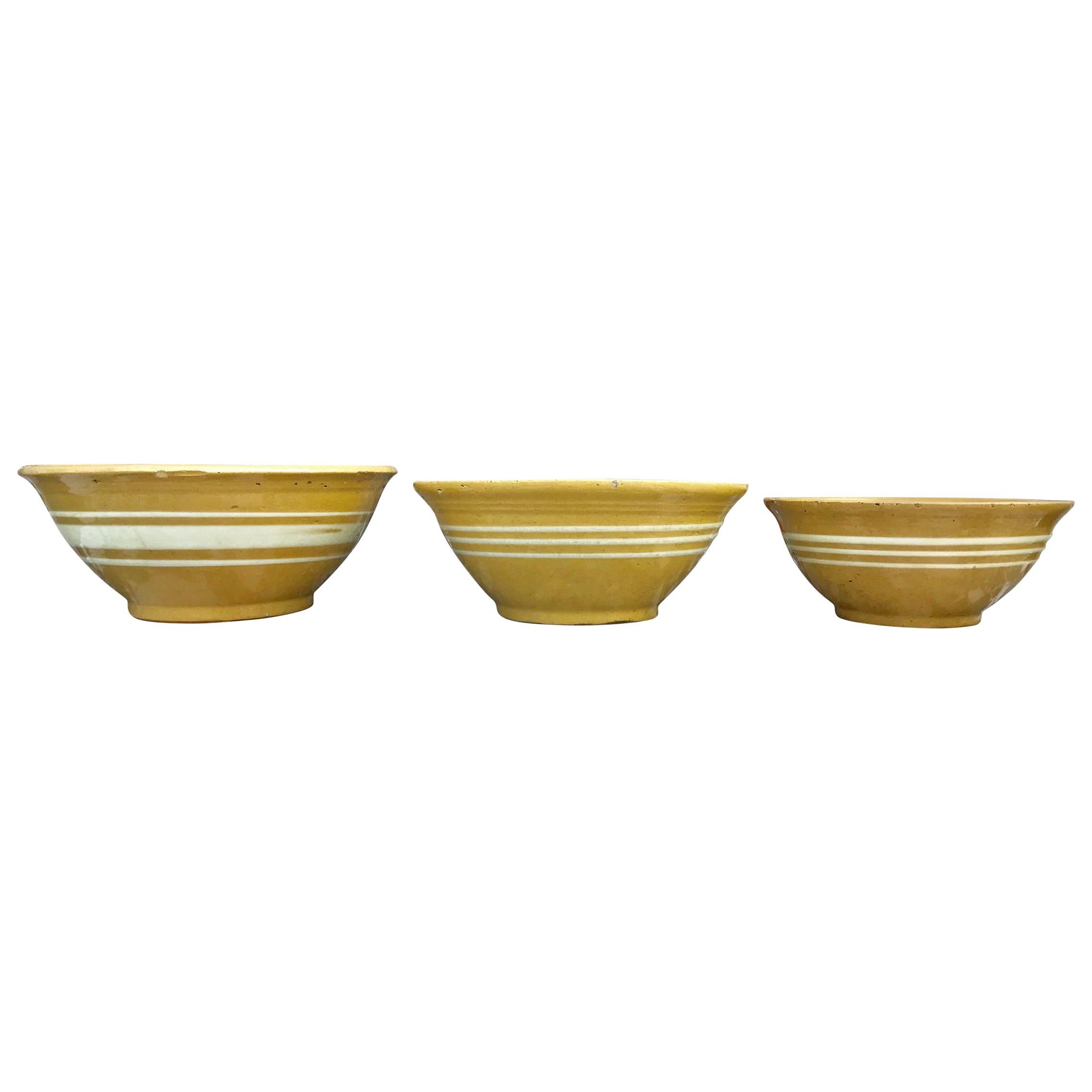 Set of Three Late 19th Century Yellow Ware Mixing Bowls
