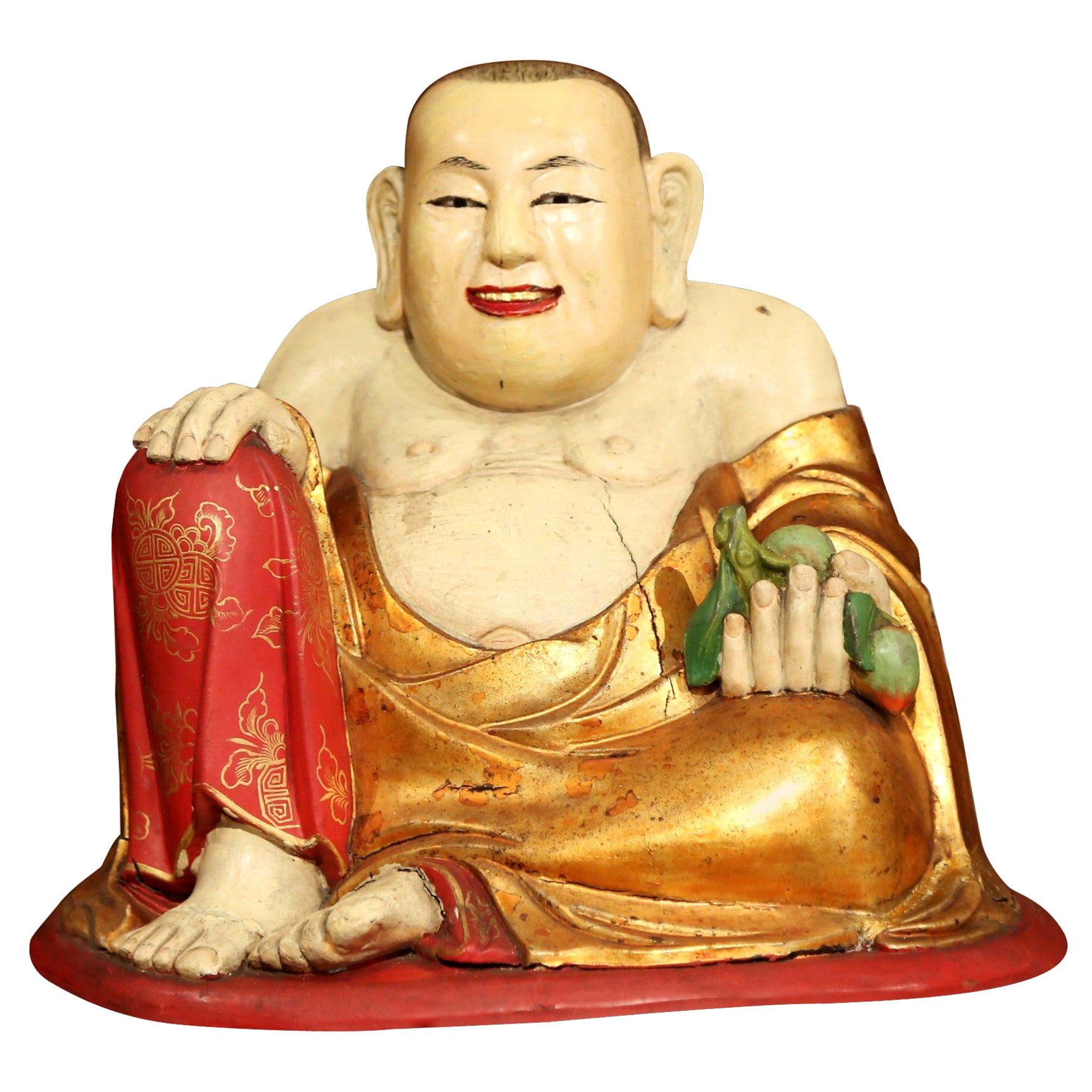 Chinesische handgeschnitzte, polychrom bemalte Skulptur „Lachender Buddha“ aus dem 19. Jahrhundert