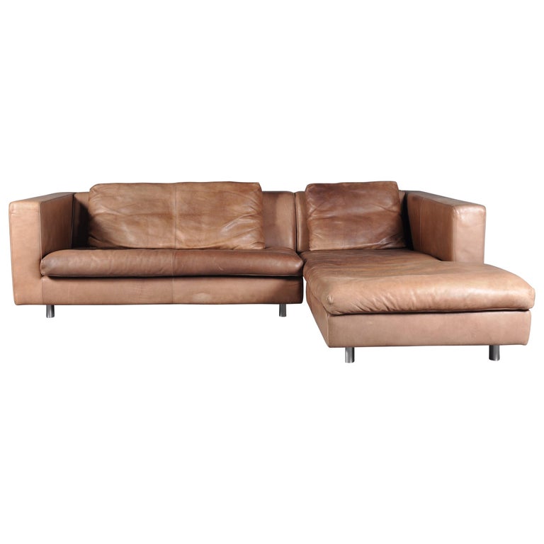 Cognac High Quality Leather Corner Sofa Chaise By Molinari Italy Cognac High Quality Leather Corner Sofa Chaise By Molinari Italy 1990s For