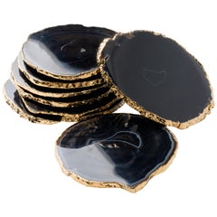 Set Eight Semi-Precious Gemstone Coasters Black Onyx Wrapped in 24-Karat Gold