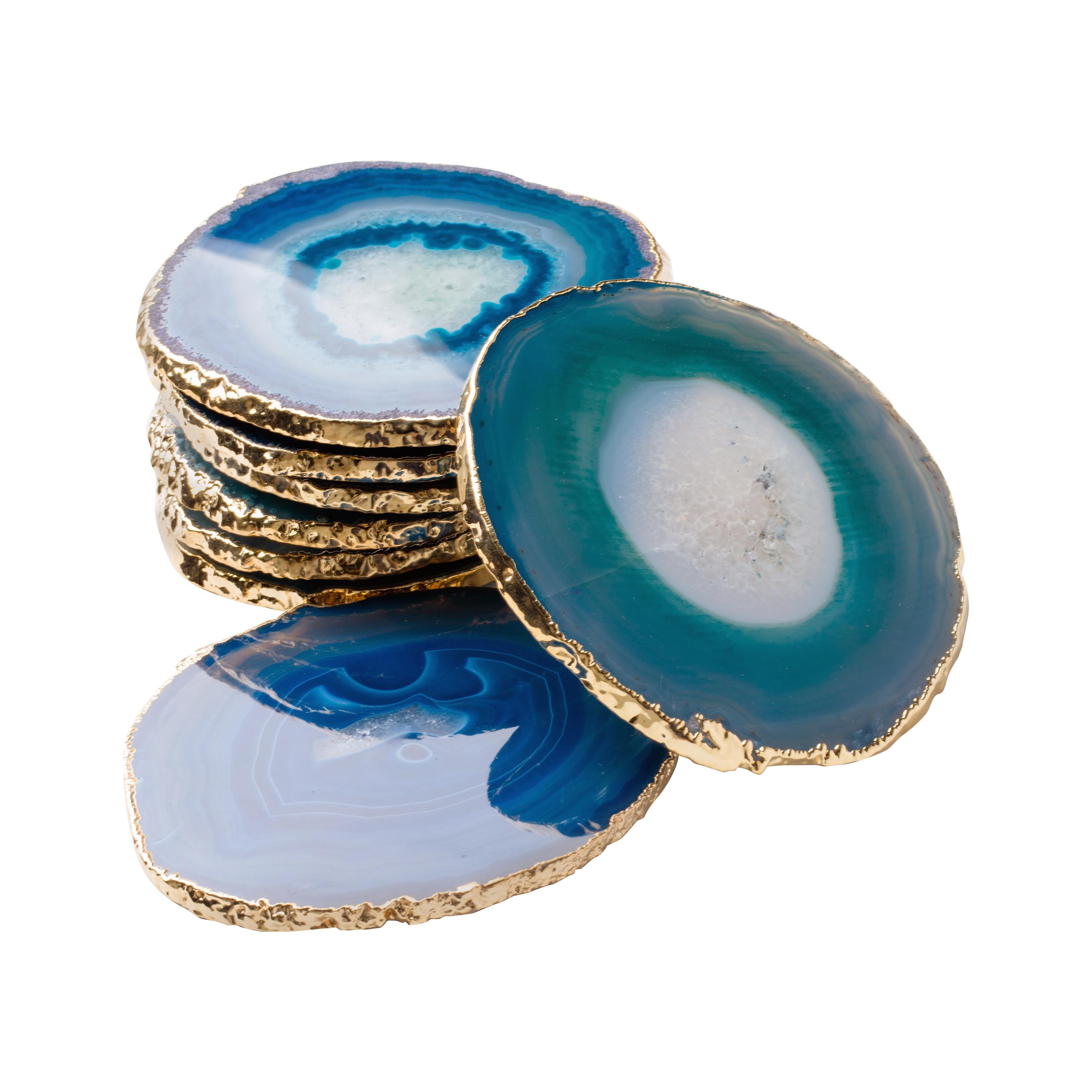 Set of Eight Semi-Precious Gemstone Coasters in Teal Wrapped in 24-Karat Gold