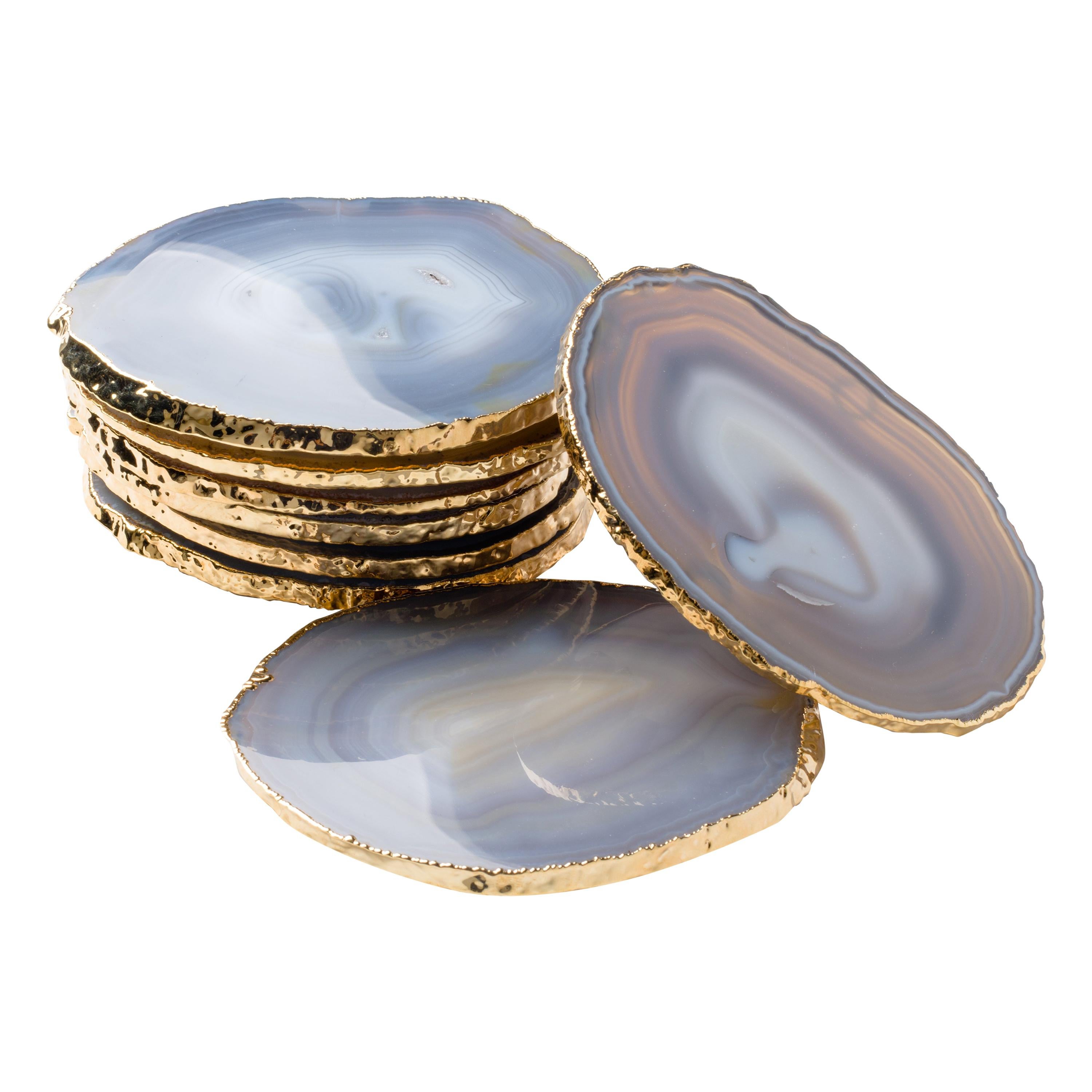 Set of Eight Semi-Precious Gemstone Coasters Grey Agate Wrapped in 24-Karat Gold