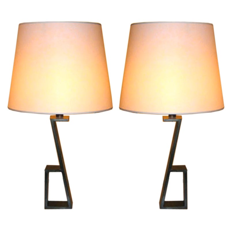 Pair of French Modern Neoclassical Iron 'Z' Table Lamps, Style of Jacques Quinet