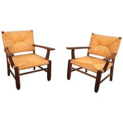 Pair of Oak Armchairs, circa 1940-1950 Style "Atelier Marolles", Gascoin