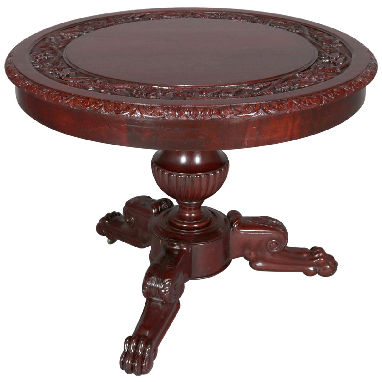American Empire Style Carved Flame Mahogany Grape and Leaf Center Table