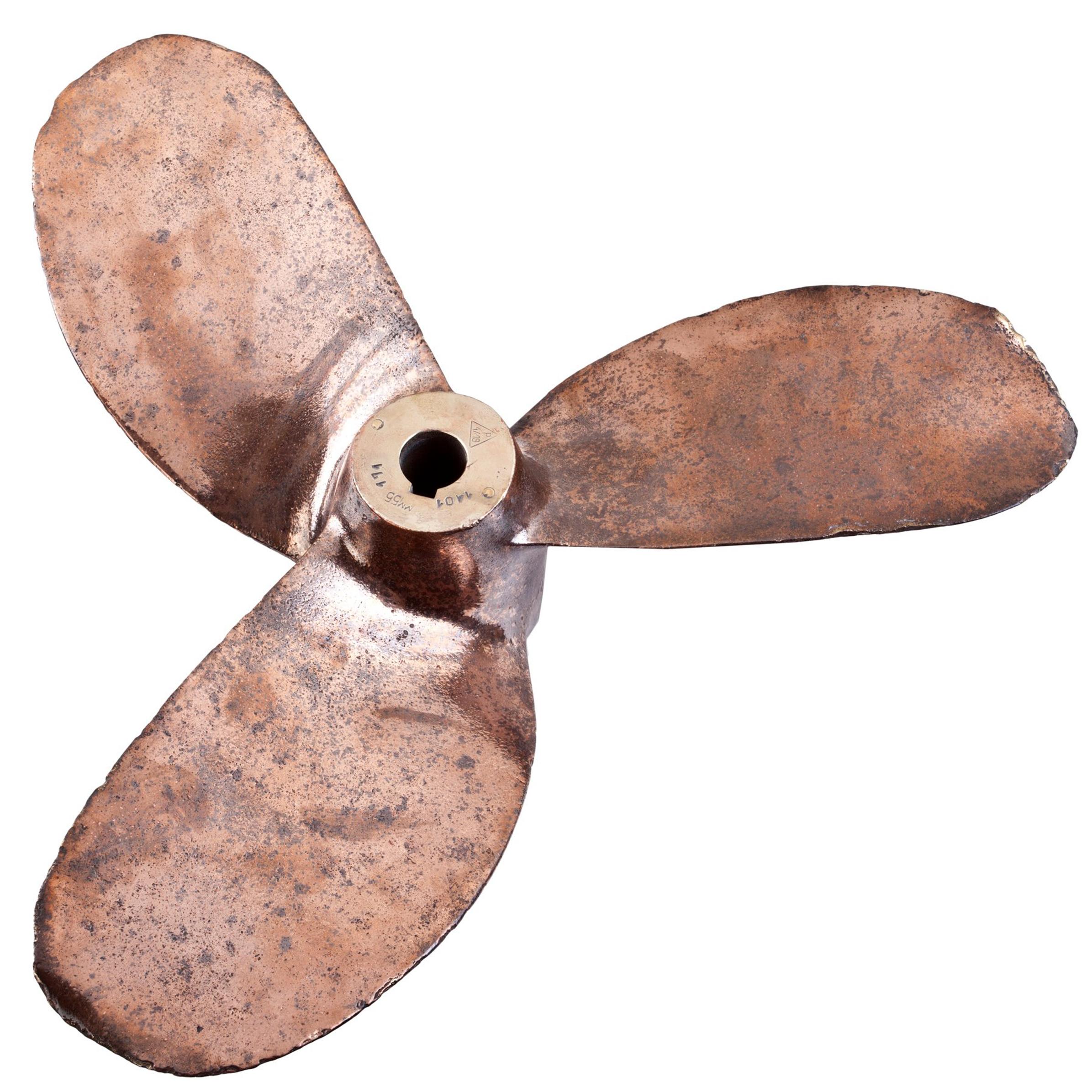 A large, bronze propeller from a 1970s lifeboat. Great patina.  We had it mounted on a custom-made iron stand to turn it into a great sculpture. 
 These also make great centerpieces and if you use a 1