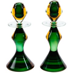 Italian Gold and Emerald Glass Candlesticks by Flavio Poli for Seguso