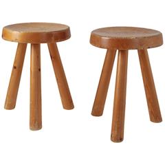 Charlotte Perriand Pair of Tripod Pine Stool from Les Arcs, France, 1960s