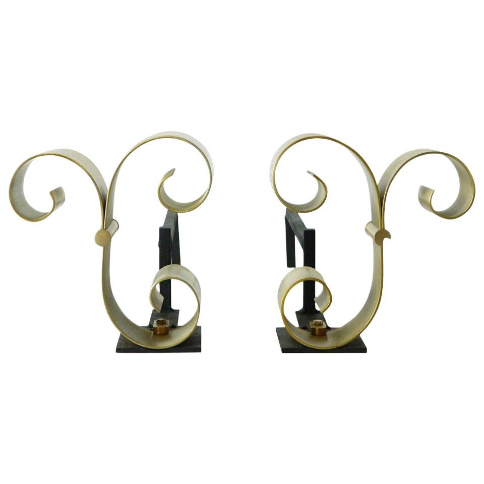 Pair of Brass Scroll Andirons Attributed to Raymond Subes For Sale