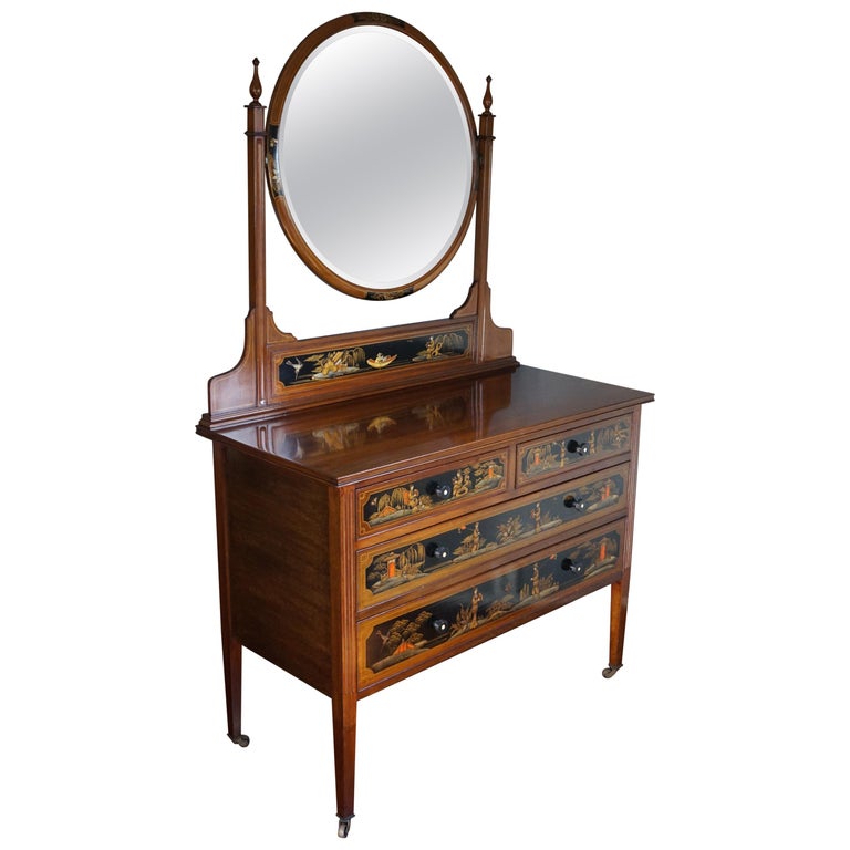 Antique Hand-Painted Mahogany Commode W. Beveled Vanity Mirror Antique Hand-Painted Mahogany Commode W. Beveled Vanity Mirror Chinoiserie Style For Sale - Antique Hand-Painted Mahogany Commode W. Beveled Vanity Mirror