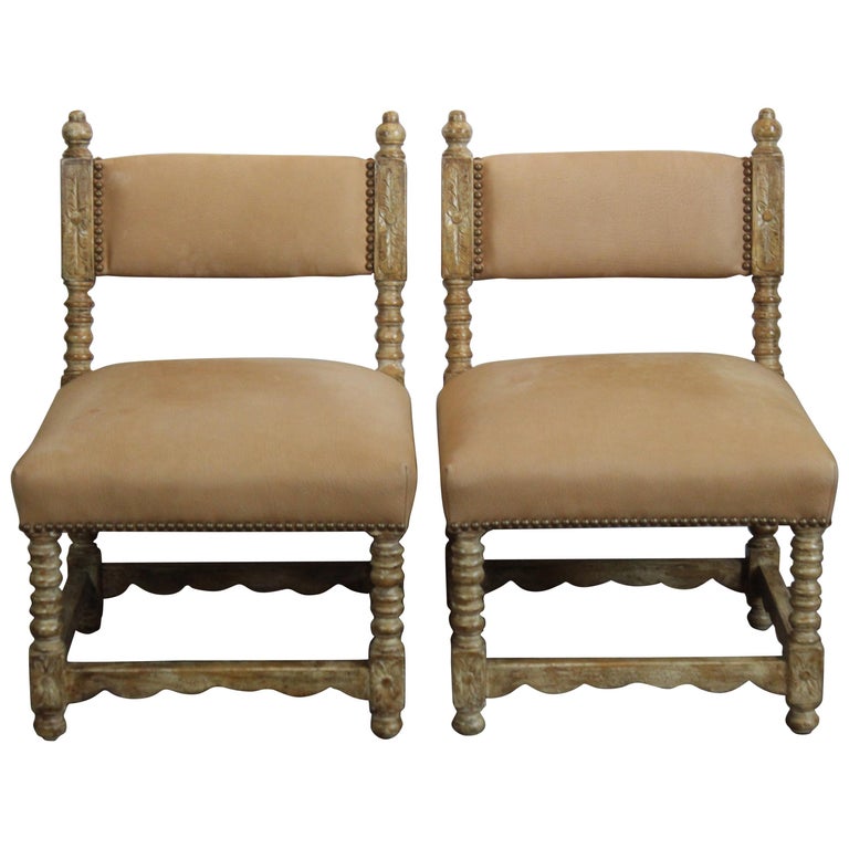 Pair Spanish Tooled Leather Antique Chairs For Sale at 1stdibs