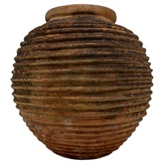 Giant Antique Terracotta Ribbed Olive Jar with Dark Lichen Patination