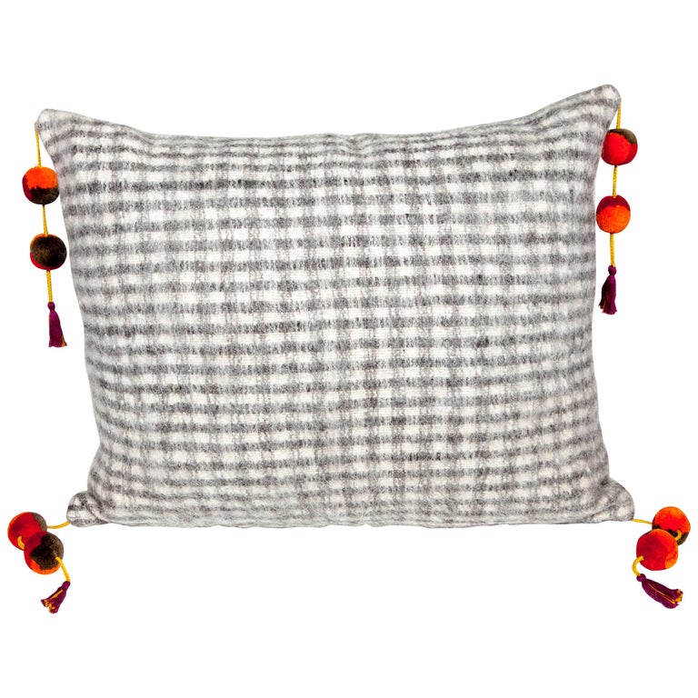 Handwoven wool throw pillow in checkered pattern, 2018