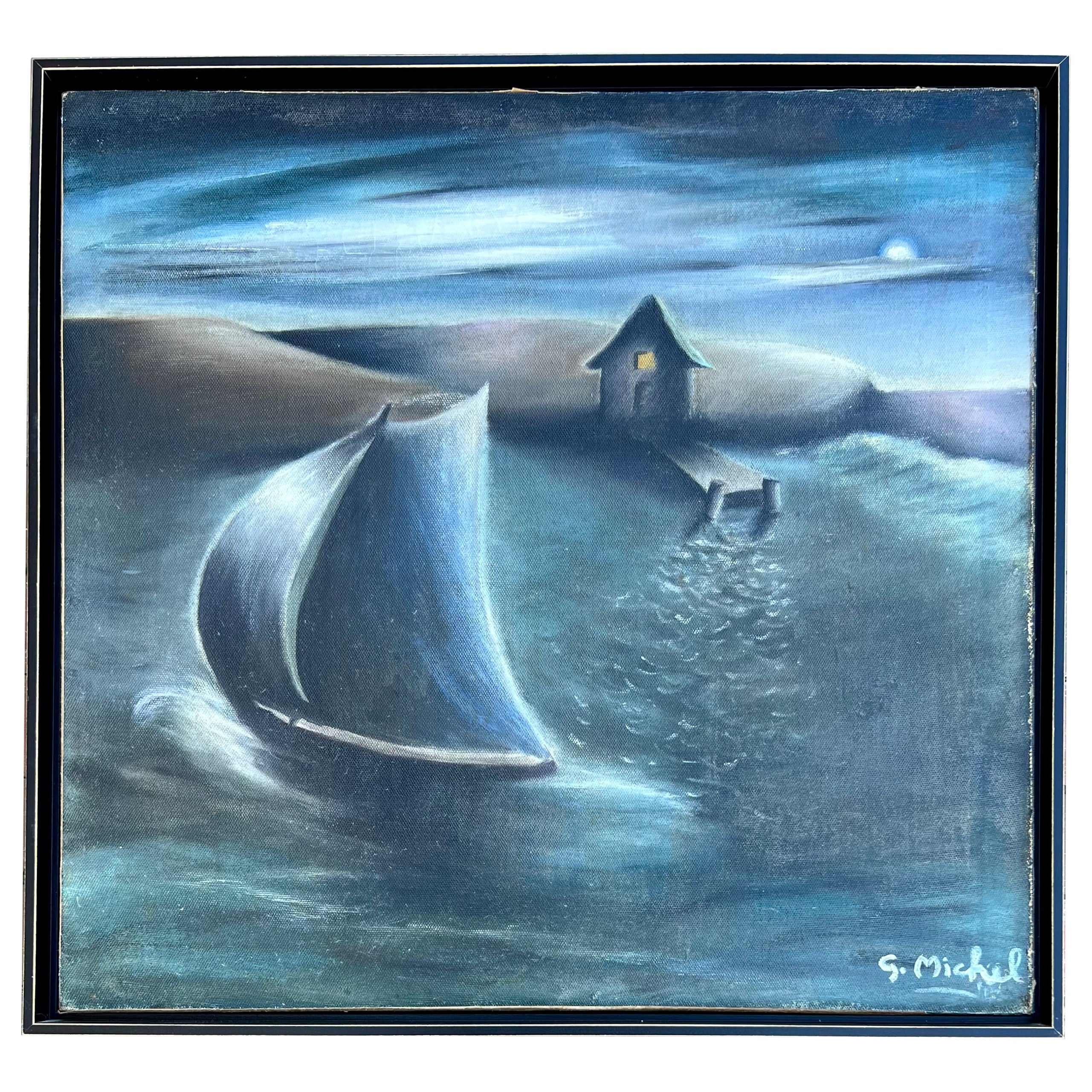 "Moonlight Sail" Painting Signed S. Michel For Sale
