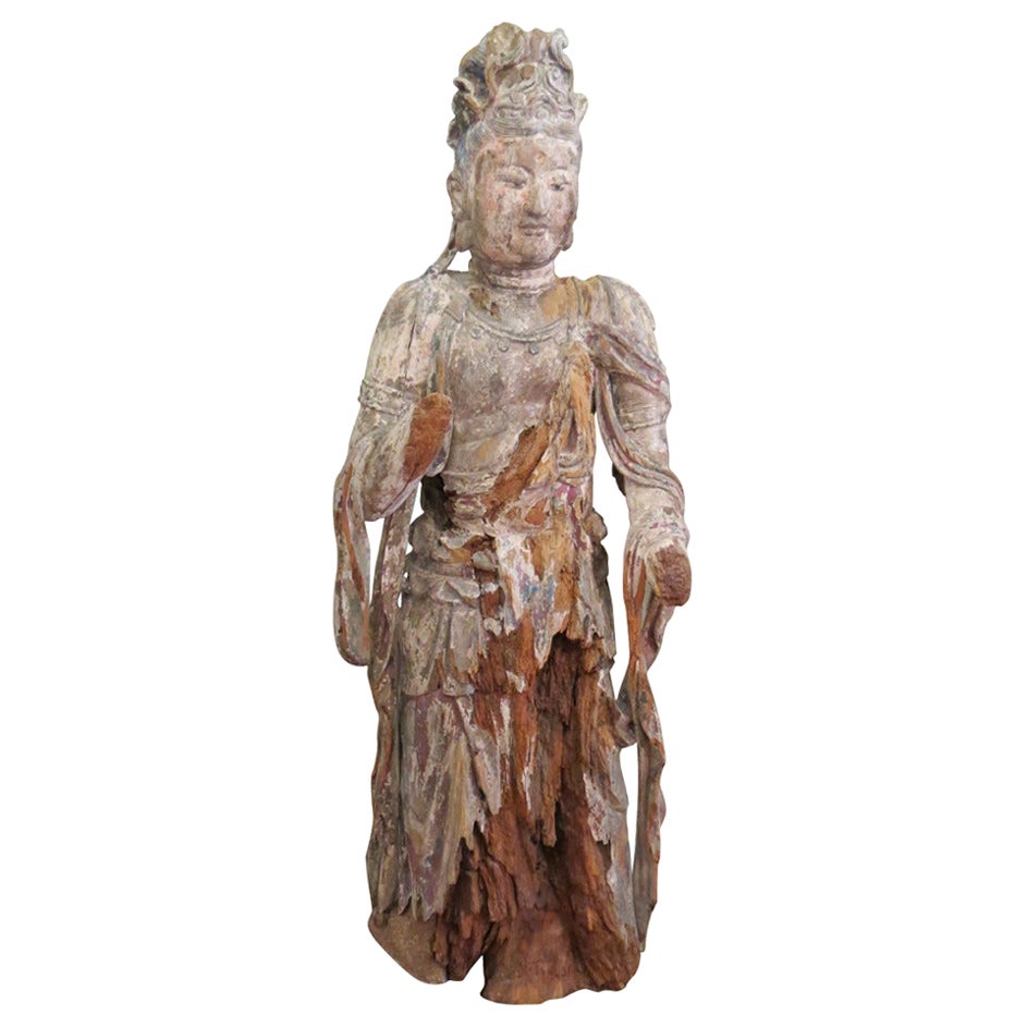 Standing Carved Wood Bodhisattva Avalokiteśvara, Guanyin, China, 1368-1644 For Sale