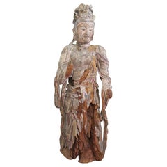 Antique Standing Carved Wood Bodhisattva Avalokiteśvara, Guanyin, China, 1368-1644