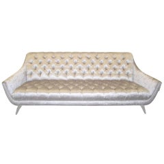 Amazing Regency Modern Silver Grey Velvet Tufted Sofa Mid-Century Modern