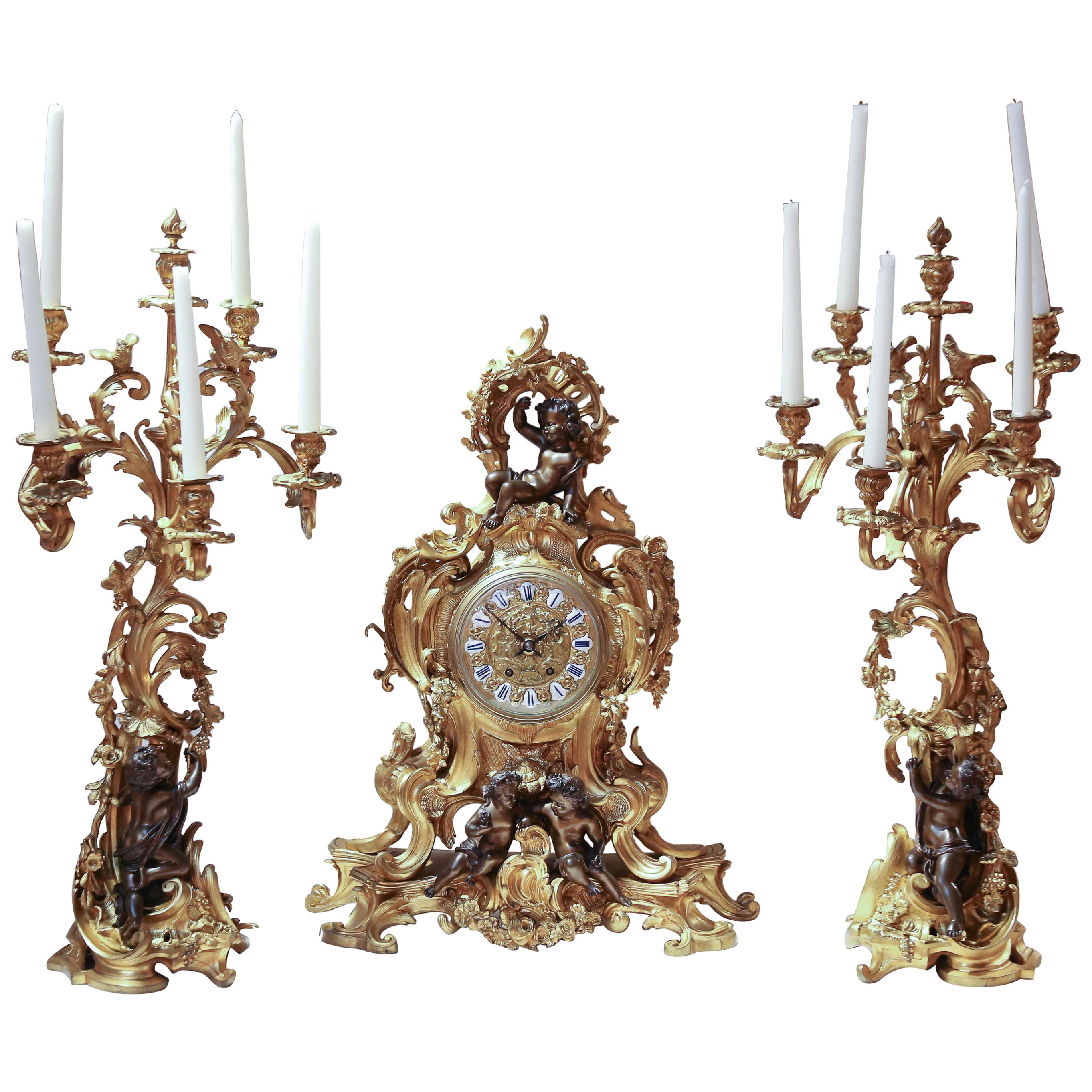 19th Century Three-Piece Clock Garniture Set, Gilt Bronze and Patinated Bronze