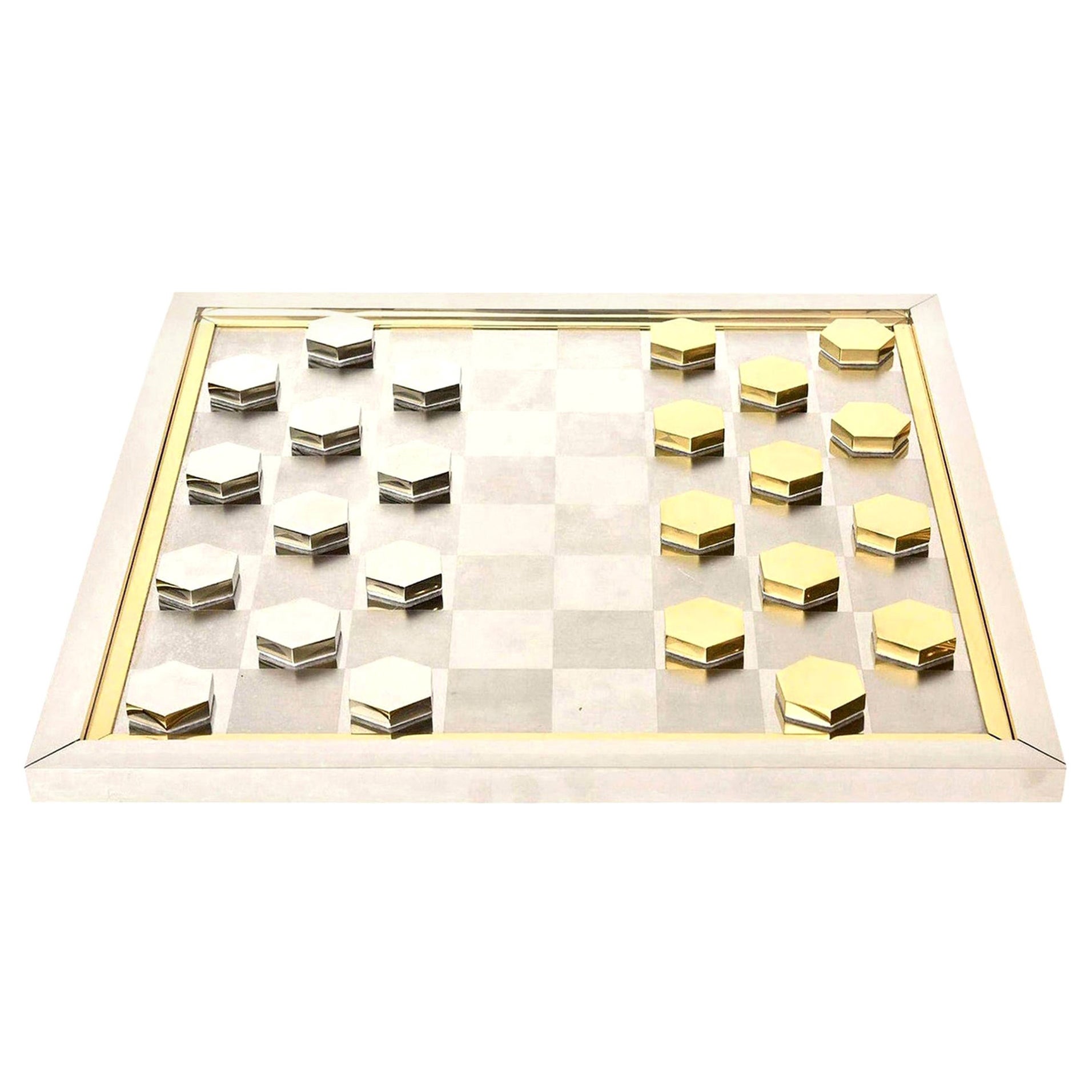 Romeo Rega Signed Brass and Chrome-Plated Checkers Game, Italian Vintage