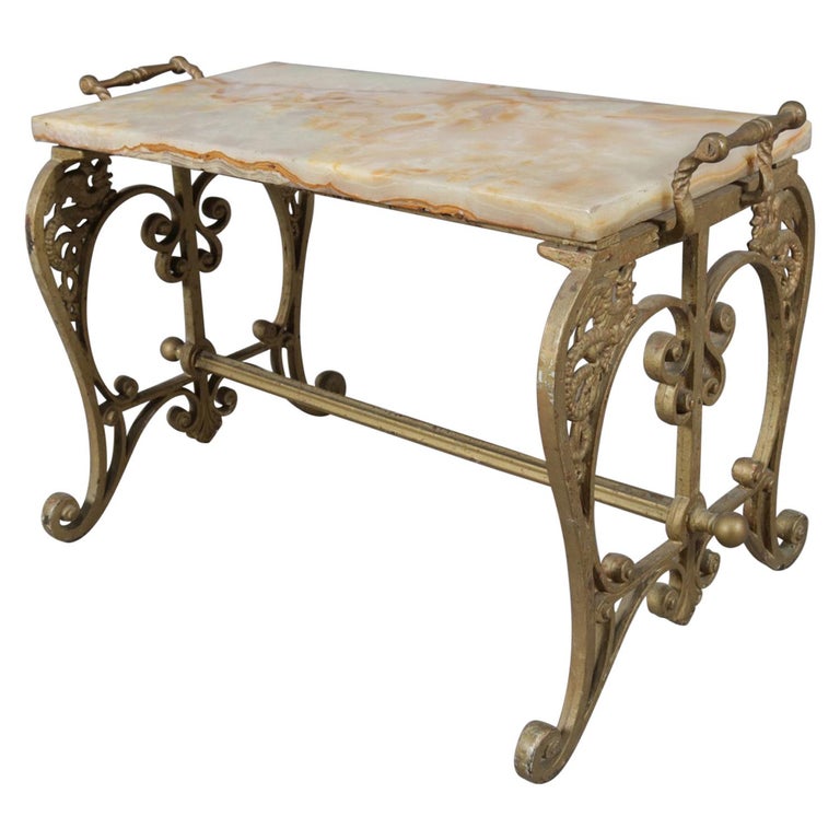 Antique French Neoclassical Gilt Cast Iron And Marble Vanity Bench Antique French Neoclassical Gilt Cast Iron & Marble Vanity Bench with Dragon For Sale - Antique French Neoclassical Gilt Cast Iron And Marble Vanity Bench