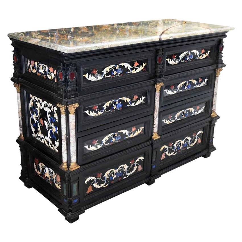 Italian Pietre-Dure Hardstones Mosaic Inlay and Brass Palatial Chest of Drawers For Sale