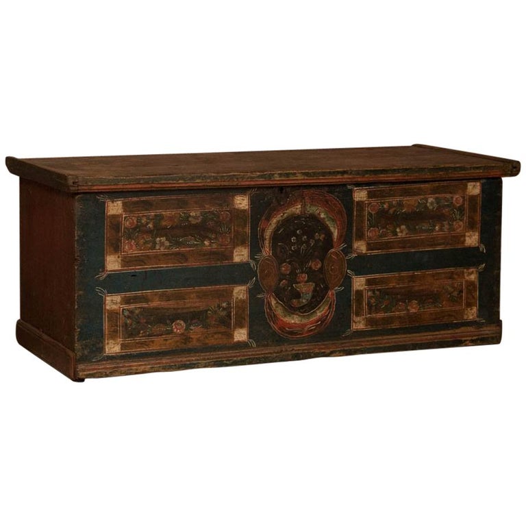 Salvador Corona Hand Painted Leather Trunk With Wrought Iron Stand Antique Hungarian Trunk With Original Folk Art Paint