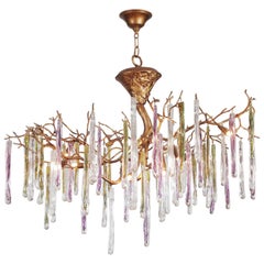 Whimsical Gilt Bronze and Colorful Art Glass Chandelier