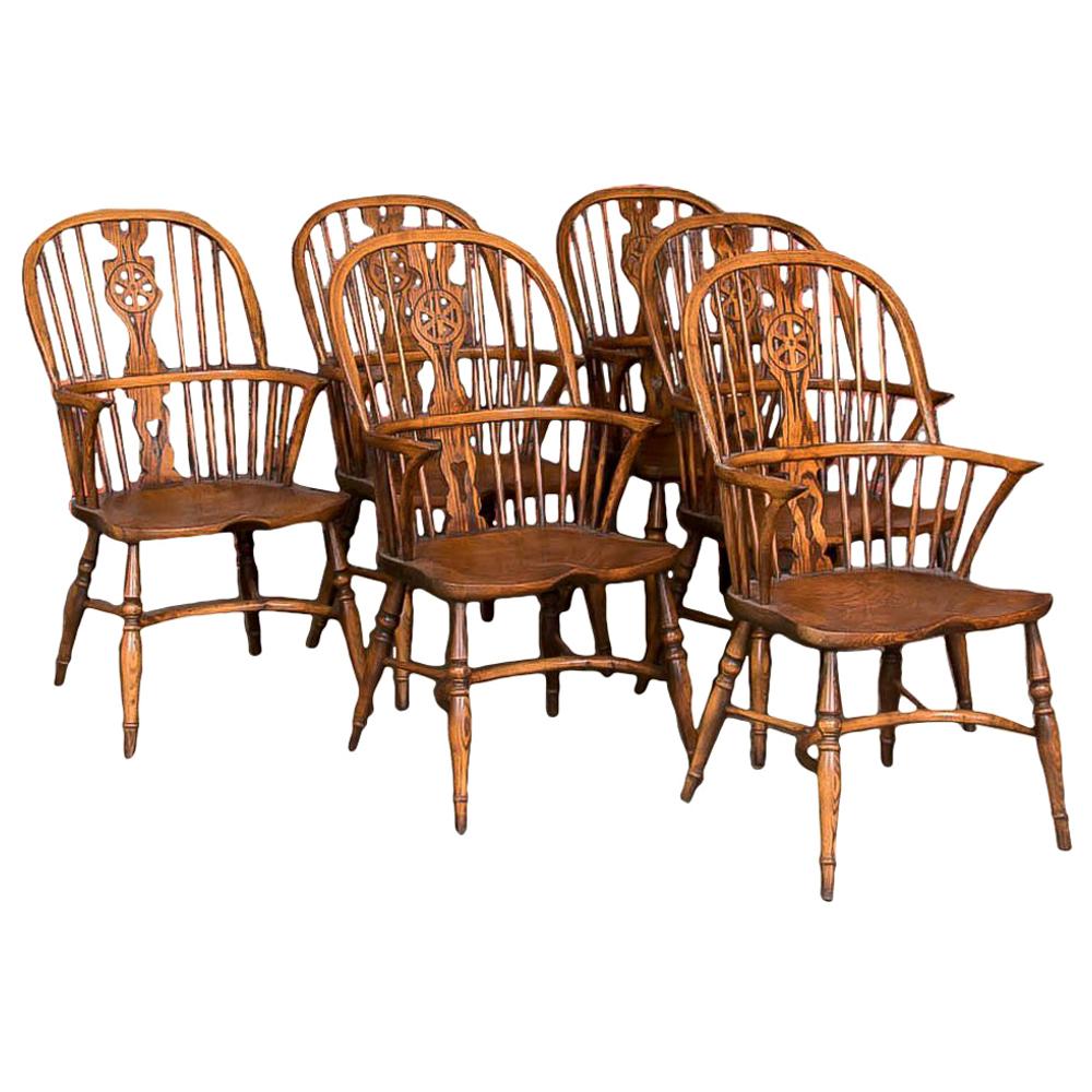 Set of Six English Windsor Elm Armchairs