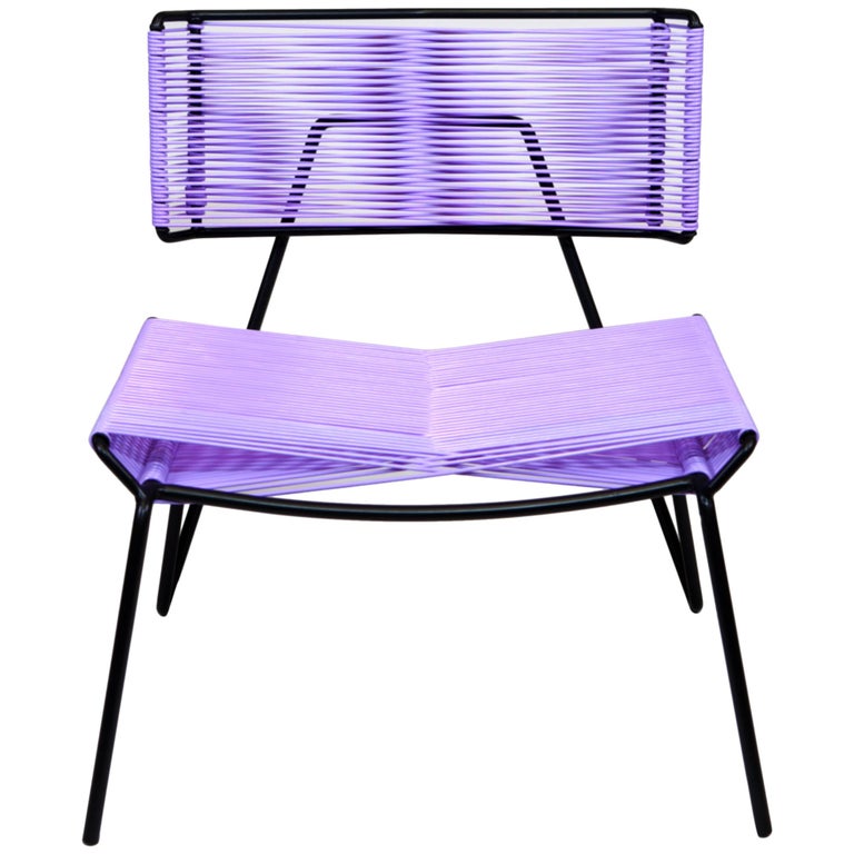 Handmade Midcentury Style Outdoor Lounge Chair, Charcoal with Coral PVC