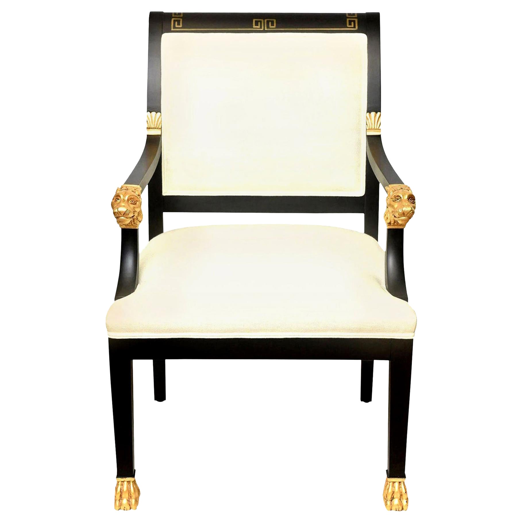 Greek Key and Ram's Head Regency Gold Leafed and Wood Upholstered Side Chair