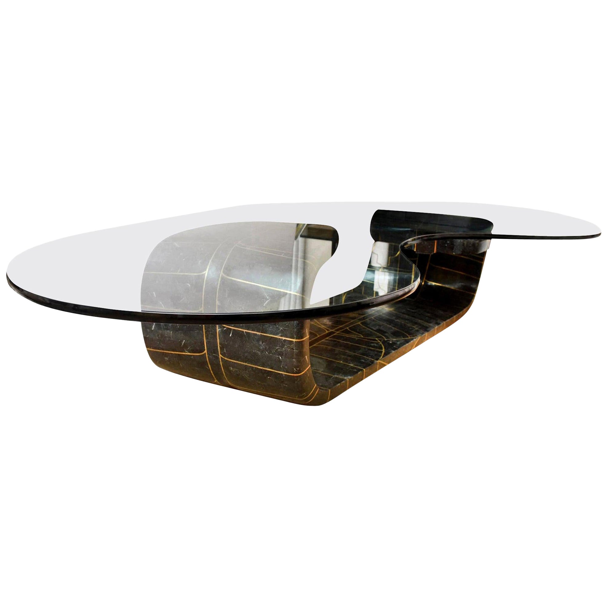 Biomorphic Tessellated Black Stone and Inlaid Brass Sculptural Cocktail Table