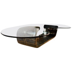 Biomorphic Tessellated Black Stone and Inlaid Brass Sculptural Cocktail Table