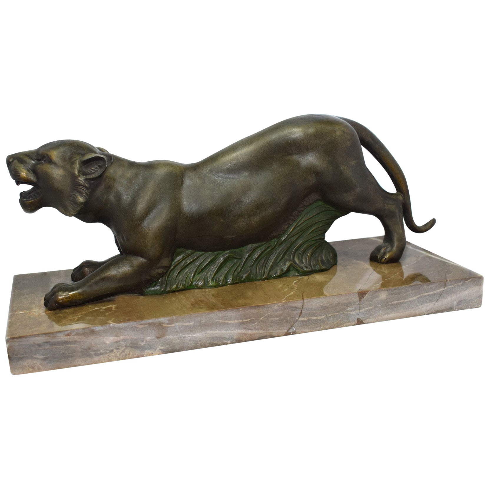 Art Deco Animal Bronze Sculpture Panther by Guy Debe on Black Oval