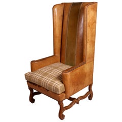 Antique French Winged High Back Leather Armchair, circa 1890