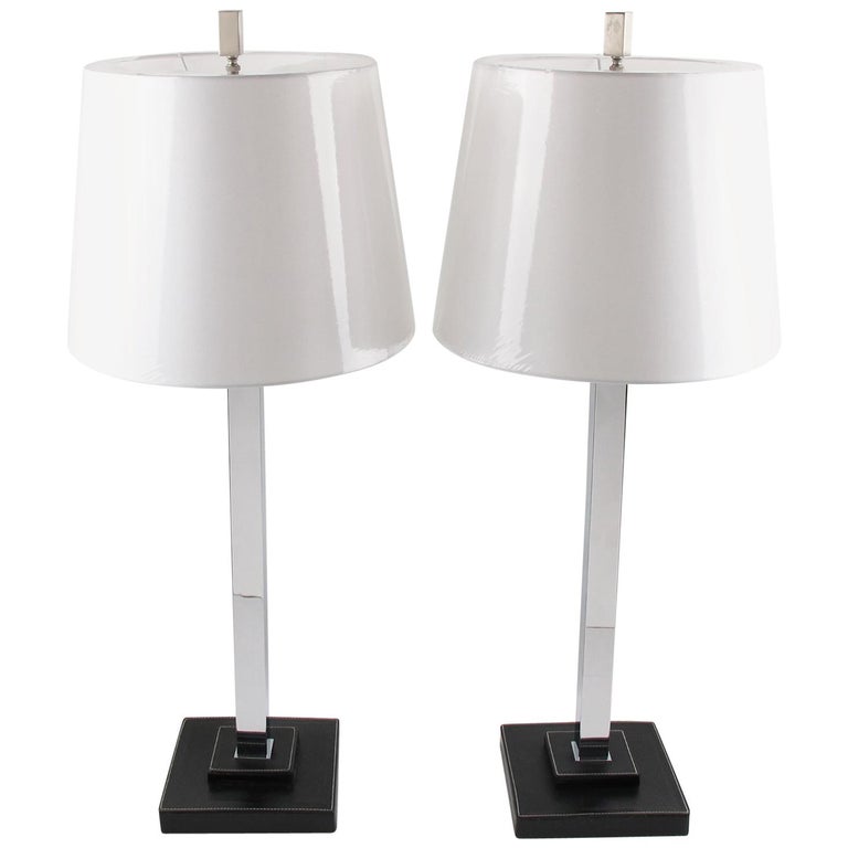 Nessen Studio Modernist Chrome Hand Stitched Black Leather Table Nessen Studio Modernist Chrome Hand Stitched Black Leather Table Lamp A Pair For