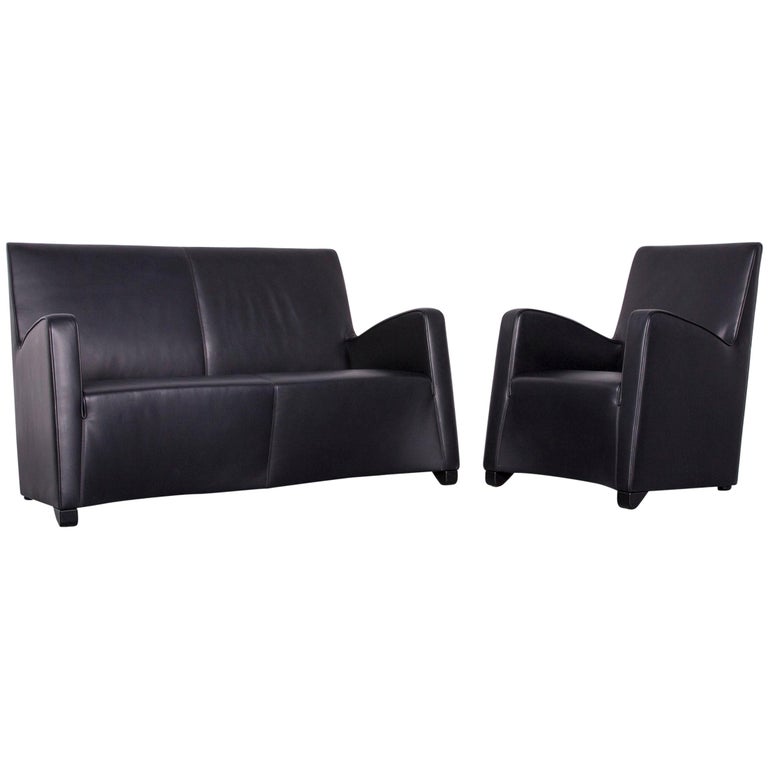 Wittmann Duke Designer Leather Sofa Armchair Set Black Two Seat Wittmann Duke Designer Leather Sofa Armchair Set Black Two Seat Couch For