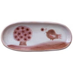 Decorative Pink Ceramic Tray by Frères Cloutier with Bird and Tree Motif, 1970s
