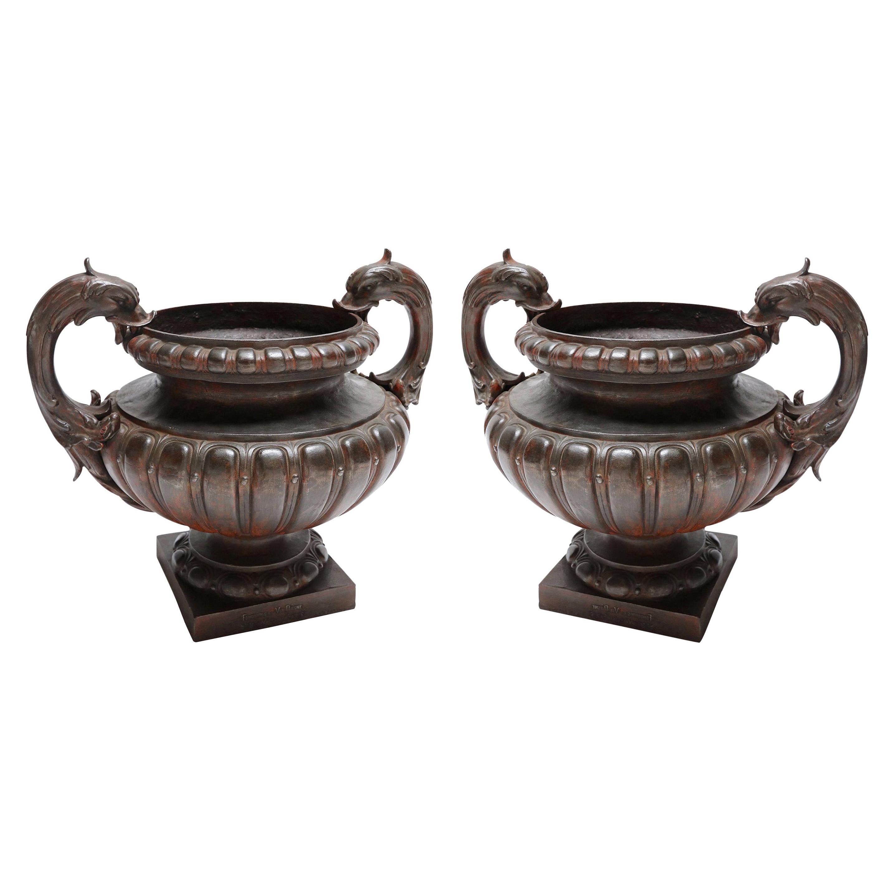 Pair of 19th Century Val d'Osne Cast Iron French Garden Urns For Sale